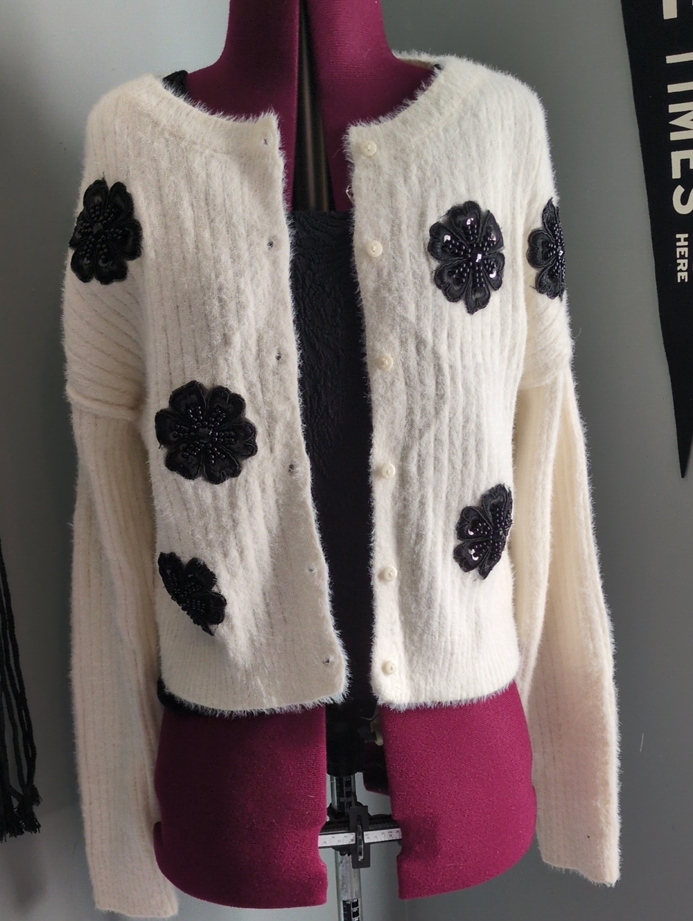 Francesca's Cardigan with Black Floral Appliqués And Stretchy Black Tank Set
